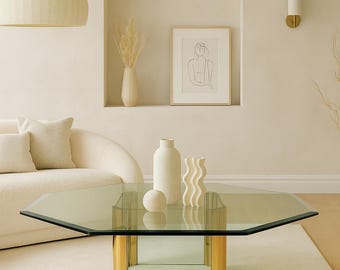 Postmodern Brass & Glass Coffee Table with Beveled Octagonal Top