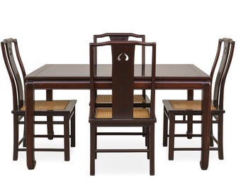 5pc Vintage Asian-inspired Dining Set – Table with 4 Caned-Seat Chairs, Deep Mahogany Finish CUSTOM PAINT Avail