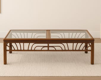Rattan Coffee Table Cocktail Bohemian Boho Chic Accent Stand Chippendale Chinese Faux Bamboo Palm Beach Chinoiserie Hollywood Regency Beach