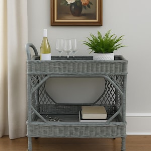 Vintage Wicker Bar Cart, Bohemian Style Rolling Server image 1
