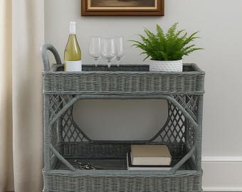 Vintage Wicker Bar Cart Bohemian Boho Chic Tea Mid Century Vintage Serving Server Storage Retro Table Portable Liquor Wine Spirits Regency