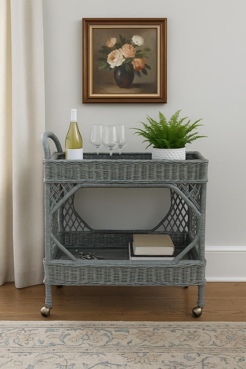 Vintage Wicker Bar Cart, Bohemian Style Rolling Server image 1