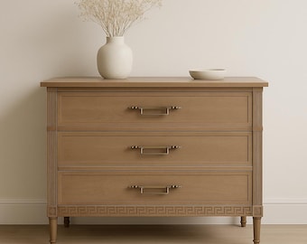 Vintage Neoclassical 3 Drawer Dresser Greek Key Brass Hardware Hollywood Regency Bachelor Chest Nightstand Bedside Table CUSTOM PAINT AVAIL