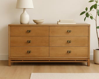 Mid Century Modern Six-Drawer Dresser with Brass Pulls — Vintage Honey Oak Finish, Minimalist Asian Design CUSTOM PAINT/STAINING Available