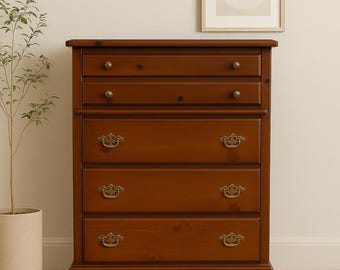 Vintage Traditional 4-Drawer Dresser with Brass Hardware – Warm Chestnut Finish Tallboy Chest  CUSTOM PAINT AVAILABLE