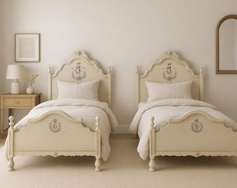 2 Twin Beds Antique French Provincial Single Spindle Bedroom Kids Headboard Cottage Coastal Country Farm Rustic Wood CUSTOM PAINT AVAIL