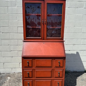 Antique Secretary Desk Hutch Bookcase  Wood Glass Curio Cabinet Spanish Monterey Style Storage Display Case Vintage CUSTOM PAINT AVAIL