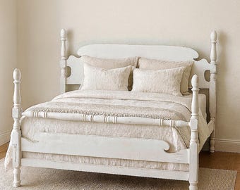 Vintage Spindle Wood Headboard and Footboard French Country Full Size Bedroom Furniture Shabby Chic White Hollywood Regency Glam