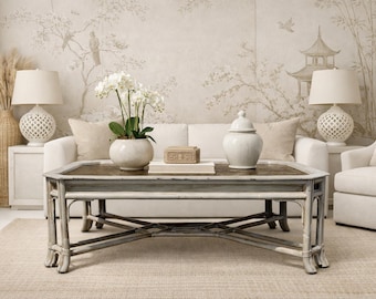 Vintage Hollywood Regency Faux Bamboo Coffee Table with Painted Tole Top