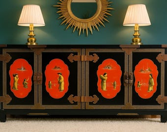Vintage Black Lacquer Asian Cabinet with Colorful Red Panels & Brass Hardware – Hollywood Regency Chinoiserie Credenza