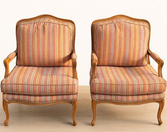 Pair of Traditional French Country Bergère Armchairs – Carved Wood Frames – Plaid Upholstery –
