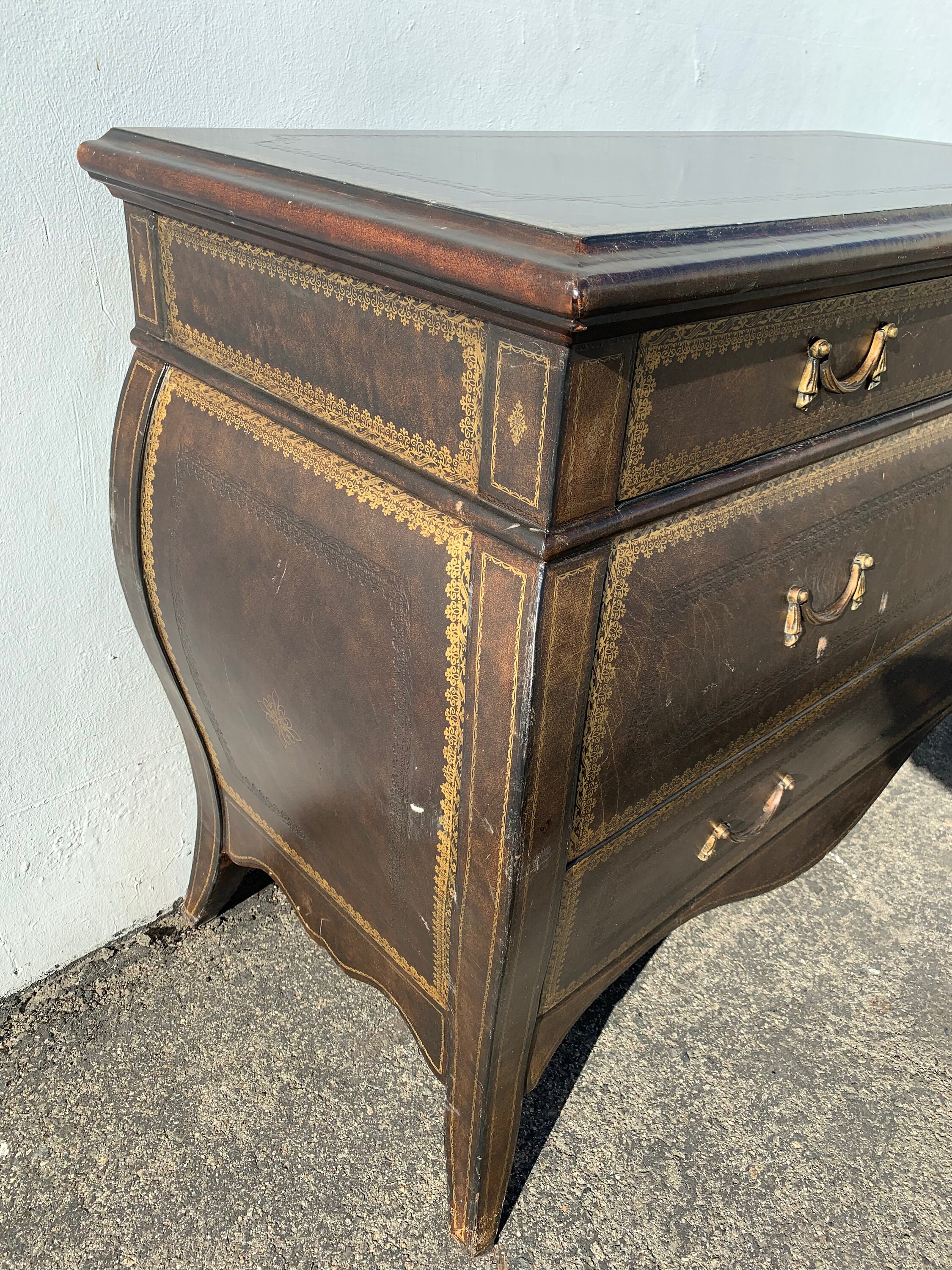 Antique Italian Leather Dresser Bombe Chest Nightstand Table