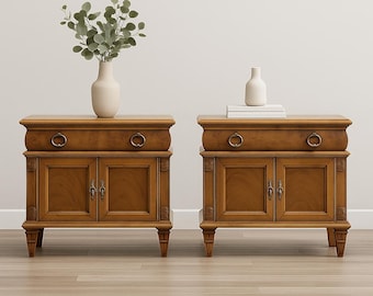 Pair of Vintage Wood Nightstands Bedside Tables Cabinets Set Bohemian Boho Chic Hollywood Regency Bedroom Furniture CUSTOM PAINT AVAIL
