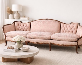 Antique Victorian / French Provincial Tufted Sofa | Blush Damask Upholstery