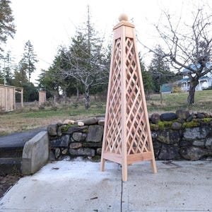May include: A wooden garden obelisk with a lattice design. The obelisk is made of light-coloured wood and has a square base that tapers to a point. A decorative ball sits atop the obelisk. The obelisk is approximately 183 cm tall.