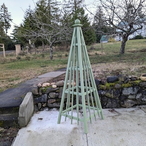 6&#39; Cedar Obelisk 24&quot; Base | Factory 2nd  | Moss Green Solid Stain | Sphere Finial | Solid Wood Obelisk  | Stainless Steel Hardware
