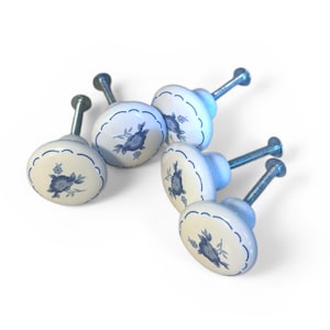 VINTAGE: Lot of Five (5) Porcelain Ceramic Drawer Pulls, Blue Flower with Scalloped Edge, Hardware Included, Midcentury Whimsy
