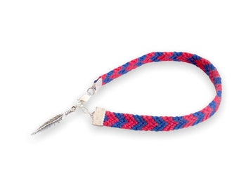 WOVEN JEWELRY: Retro Friendship Bracelet Red Blue with Cute Feather Charm Silver Plated Findings
