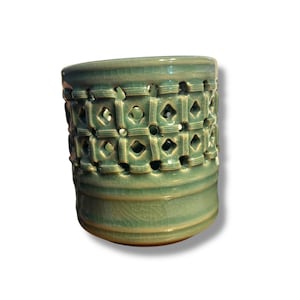 VINTAGE: Hirayama Celadon Signed Basketweave Brush Pot Made in Korea Jade Green Ceramic Votive Handmade Pottery