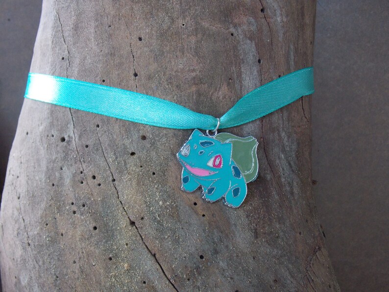 GEEKERY Pokemon Bulbasaur Inspired Green Satin Ribbon Choker Silver Geekery Leaf Grass Type First Gen Enamel Charm