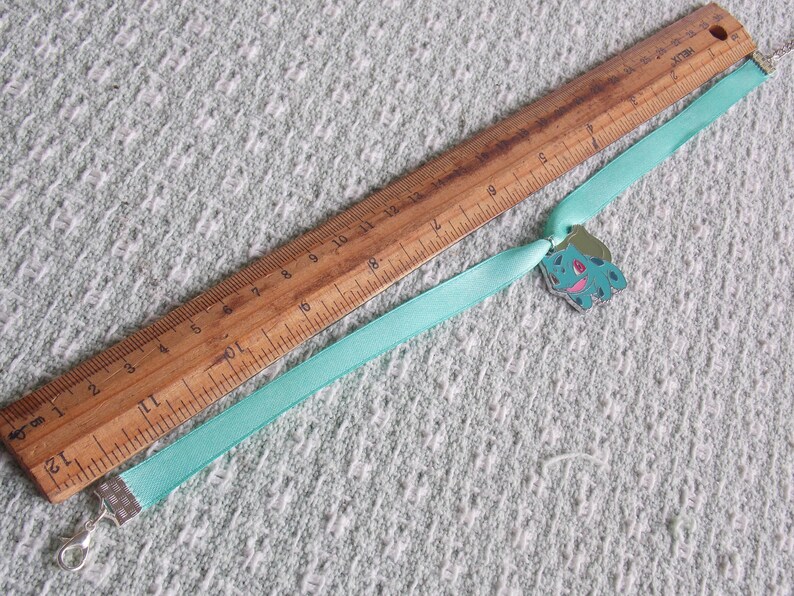 GEEKERY Pokemon Bulbasaur Inspired Green Satin Ribbon Choker Silver Geekery Leaf Grass Type First Gen Enamel Charm