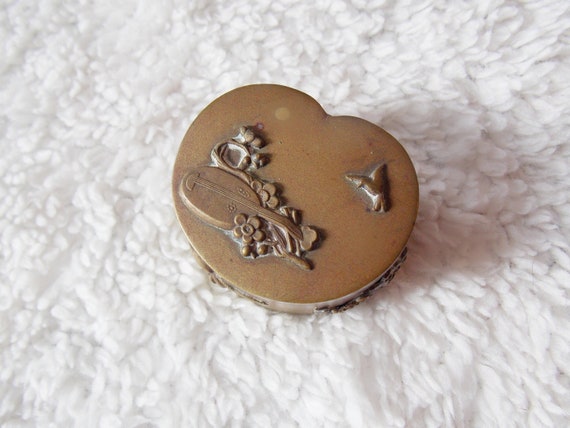 VINTAGE: Brass Tiny Miniature Pill Box Heart Shap… - image 1