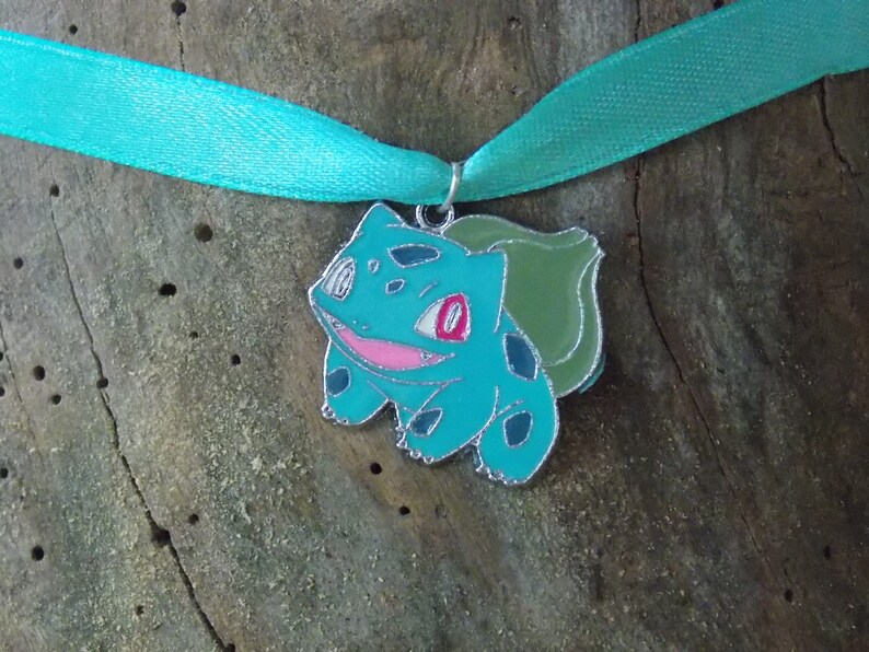 GEEKERY Pokemon Bulbasaur Inspired Green Satin Ribbon Choker Silver Geekery Leaf Grass Type First Gen Enamel Charm