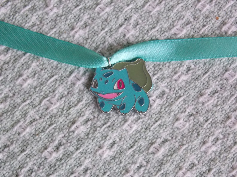 GEEKERY Pokemon Bulbasaur Inspired Green Satin Ribbon Choker Silver Geekery Leaf Grass Type First Gen Enamel Charm