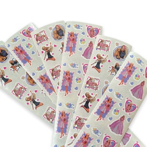 May include: A set of eight sheets of stickers featuring various images of Barbie dolls. The stickers are printed on white paper with a glossy finish. Each sheet features a different design, including Barbie dolls wearing different outfits, holding a puppy, and sitting on a chair. The stickers are perfect for adding a touch of fun and whimsy to any project.