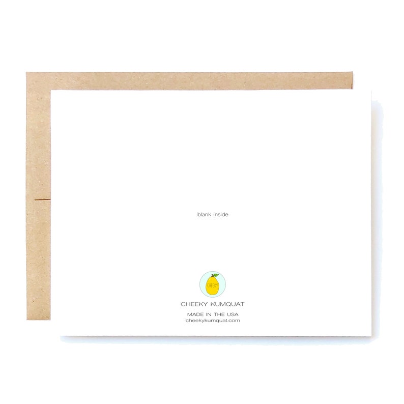 Puede incluir: Tarjeta de felicitaci&oacute;n en blanco con una ilustraci&oacute;n de lim&oacute;n amarillo y el texto "Cheeky Kumquat Made in the USA cheekykumquat.com"