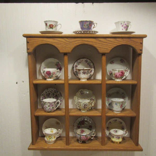 Oak Tea Cup and Saucer  Wall Shelf  or table top shelf with plate grooves, wood shelf , Display Curio, shadow box, 3 tier shelf #OCS-12