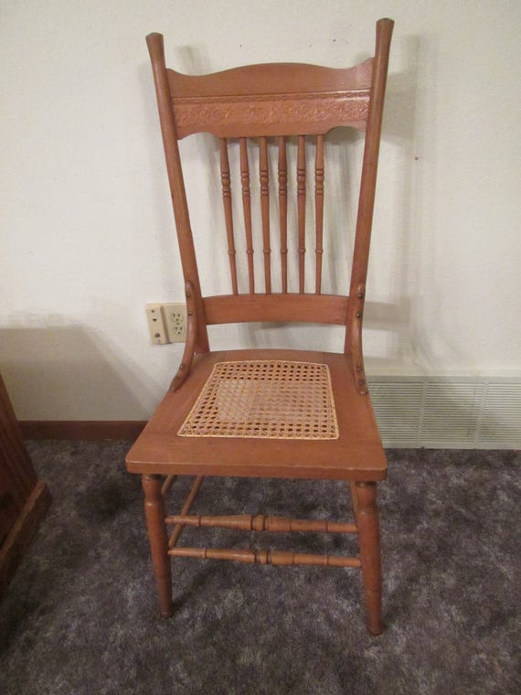 Wood Chair With Caned Seat And Carving In Back Spindles In Etsy