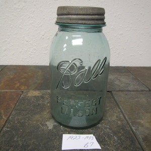 Antique  blue green " BALL PERFECT MASON Jar"  with glass center in cover : quart jar,  2 on jar bottom , canning jar * 1923 - 1933 * #B-7