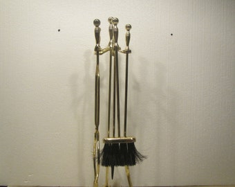 Brass FIREPLACE TOOL SET, Brass plated shovel, brush, Tongs, and poker in stand with brass handles and base ** Free Shipping ** {BFP66}