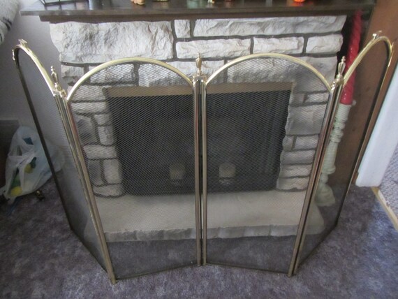 4 Section Folding Fireplace Screen Black Mesh With Gold Tone Etsy