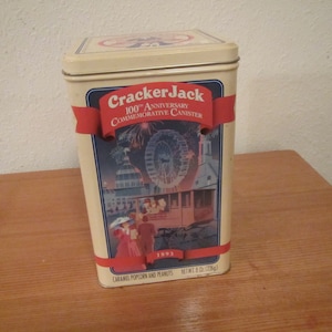 1993 CRACKER JACK 8 ounce Tin , 1893 - 1993  100th Anniversary Commemorative Tin* The famous Confection Can , Cracker Jack advertising tin,