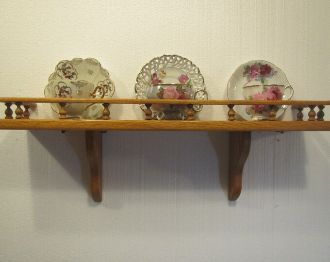 24 Inch Oak Wall Shelf With Groove and Plate Rail, Cup & Saucer Shelf