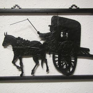 Metal Silouette Art Picture of Horse Drawn Buggy in wood frame