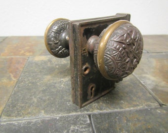 1880s Metal Door Knob and  B.L.W.  Latch set ; raised metal design on knobs ** Lot 1