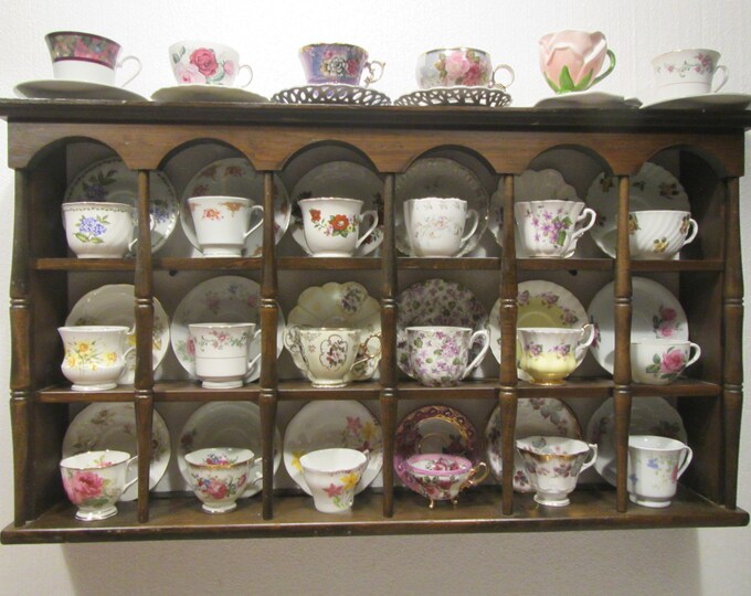 Wood Tea Cup and Saucer Wall Shelf, Hangs on Wall or Stands on Flat