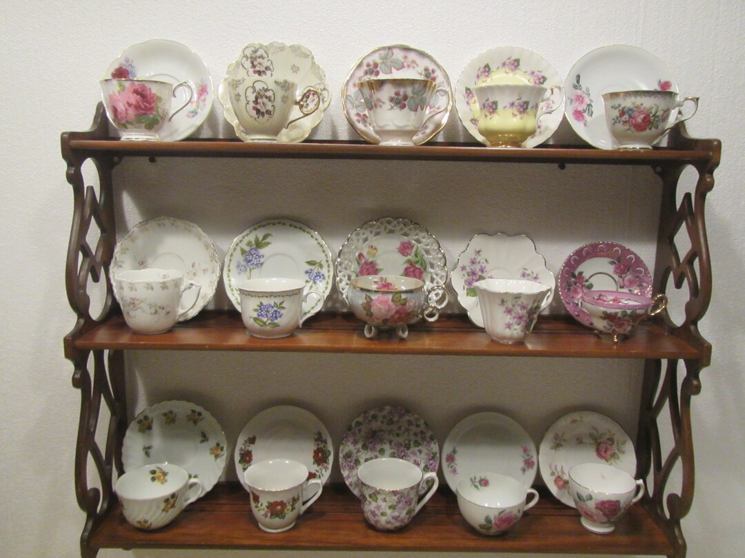 Wood Tea Cup and Saucer Wall Shelf With Plate Grooves Scroll Etsy