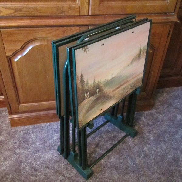 Set of 4 TV Trays * 4  Golf Scenes by R. F. Harnett, 4 Standing TV trays with storage Rack