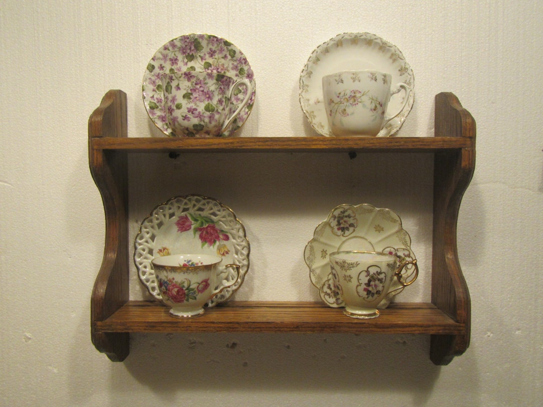 Oak Cup and Saucer Shelf With Plate Grooves, Hangs on Wall , Wood Shelf