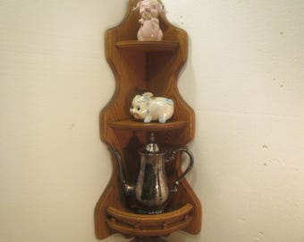 3 Shelf Oak Corner Shelf , hangs in corner , Oak Display ,Curio shelf, 30  1/2 inches tall ,rail on bottom shelf **FREE SHIPPING *** oakcorn