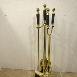Brass and Marble FIREPLACE TOOL SET;  Brass plated  shovel, brush, Tongs, and poker in stand with marble handles and brass tone base {FP500}