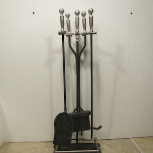 FIREPLACE TOOL SET;  Silvertone handle shovel, broom , poker and tongs on Black iron stand * Iron tools **Free Shipping**  #Siltone