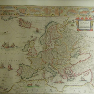 vintage Reproduction 0f a 1600&#39;s &quot;  MAP of EUROPA &quot;  (Europe)  in authentic colors of the  original print