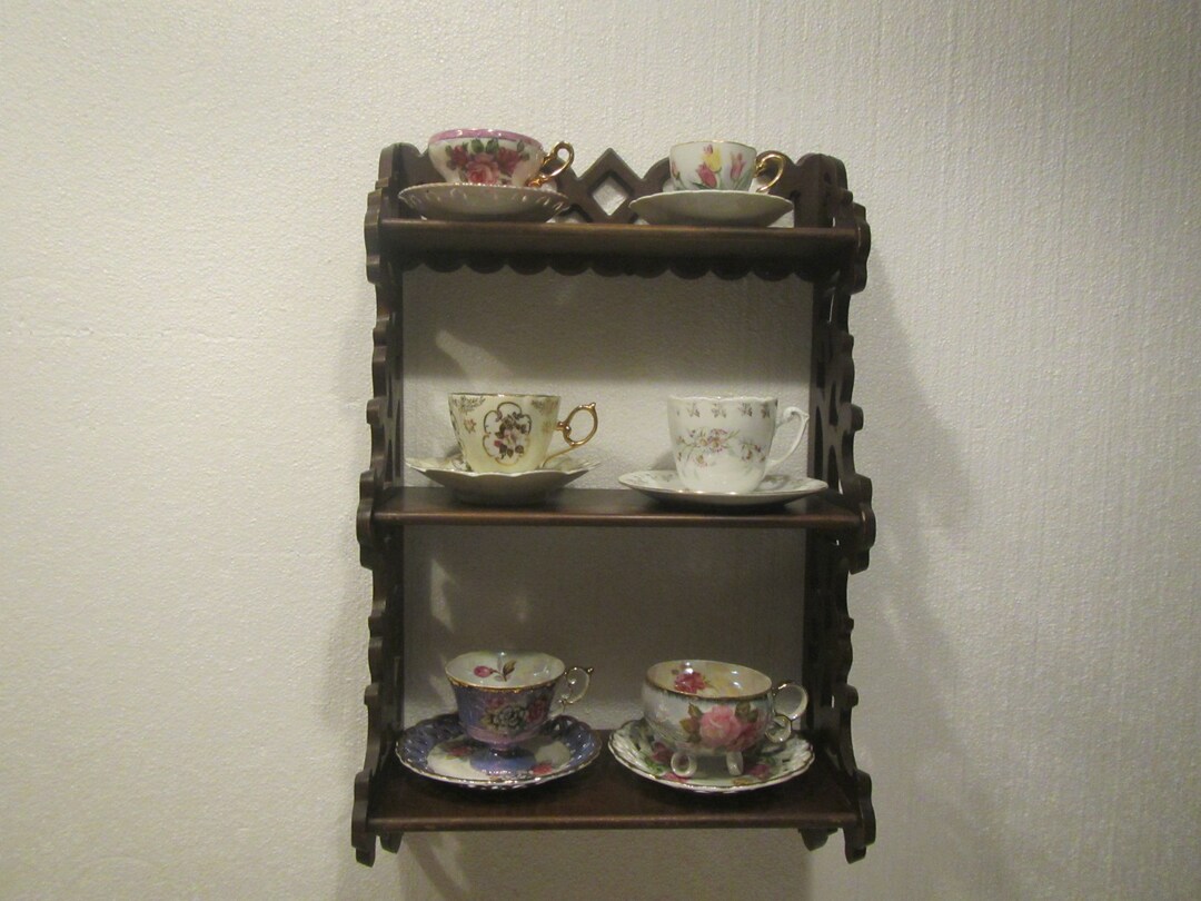 Wood Tea Cup and Saucer Wall Shelf , Scroll Work Sides, Display, 3 Tier