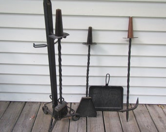 Country FIREPLACE TOOL SET , Black cast Iron stand \with shovel, brush, pan,  and poker . Hand crafted {FP14tool} Free Shipping