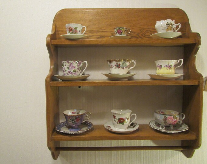 Large Oak Cup and Saucer Shelf With Towel Bar, Hangs on Wall , Rack